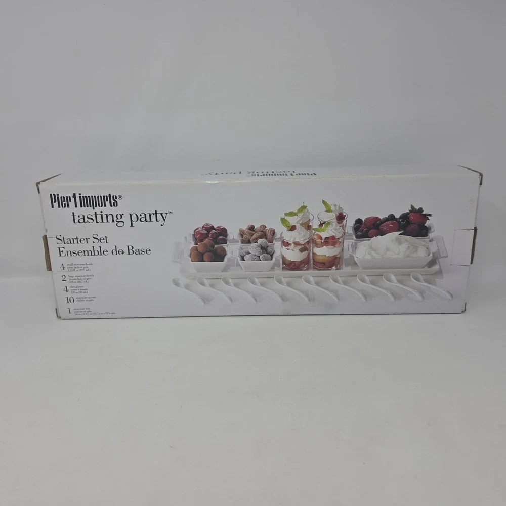 Pier 1 Imports Tasting Party Starter Set, White Stoneware Tray, Bowls, Spoons k